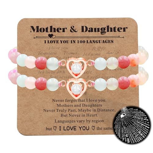 Image of Uloveido Mom Daughter Natural Stone Bracelets Gift - I Love You 100 Languages Bracelets Heart Charm Projection Bracelets Set for Mothers Daughters of 1 2 3pc YA4748