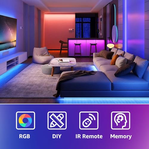 Image of hyrion 50ft USB-Powered RGB LED Strip Lights, Music Sync & Sound-Reactive Color Changing Lights for Bedroom, TV Backlight, Gaming Setup, Bluetooth, IR Remote & Smart App Control