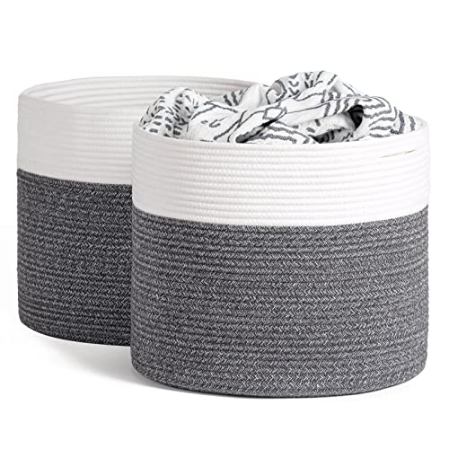 Image of Goodpick 2pack Large Cotton Rope Towel Baskets Soft Baby Toy Basket Kids Laundry Hamper for Nursery Organizer Decorative Storage Basket Grey