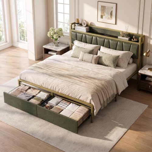 Image of LIKIMIO King Size Bed Frame with 2 Drawers and Charging Station | Platform Bed with Upholstered Storage Headboard, No Box Spring Needed, Easy Assembly, Sturdy, Green
