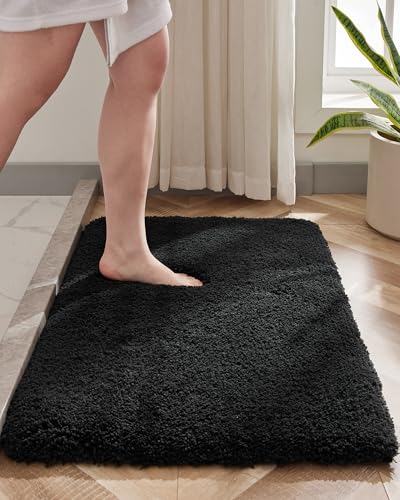 Disolla Small Bathroom Rug 17x24 Non Slip Black Fluffy Bath Mat for Bathroom Floor Washable Plush Luxury Bath Rug for Tub Soft Shaggy Shower Mat