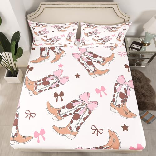 Loussiesd Western Decor - Juego de sábanas bajeras con lazo, tamaño King, para niños, niñas y adolescentes, juego de cama con botas occidentales, decoración occidental, funda de cama, decoración de