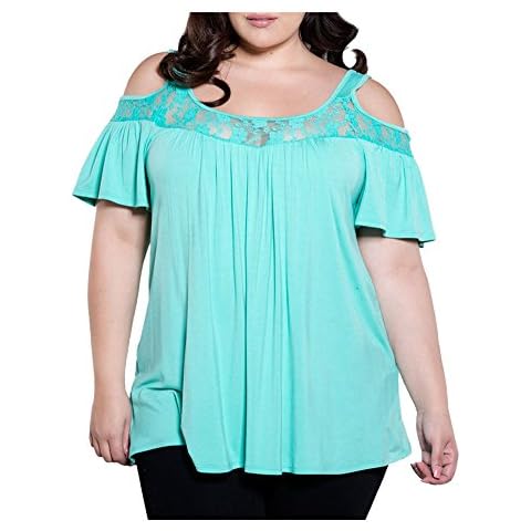 Durcoo Womens Loose Shirt Blouse Cold Shoulder Short Sleeve Plus Size Lace Tops Blue L Cover
