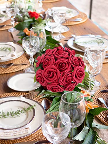 Jpsor Red Fake Roses 25Pcs Foam Artificial Flowers With Stems For Diy Wedding Bouquets Floral Arrangements Table Centerpieces Home Decorations (Dark Red) #TOP4