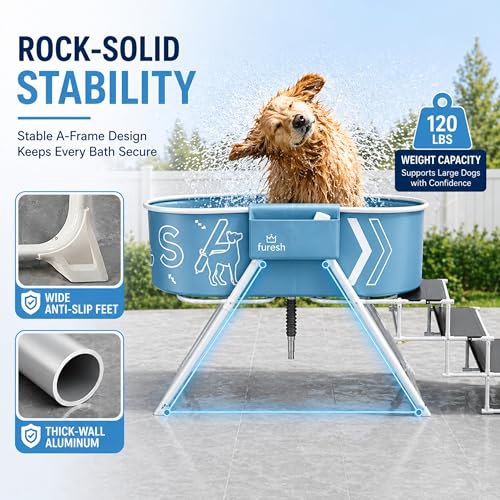 Image of Furesh Foldable Dog Washing Station for Large Dogs with Stairs | Reinforced aluminum frame with foldable stairs for safe, elevated bathing and compact storage.