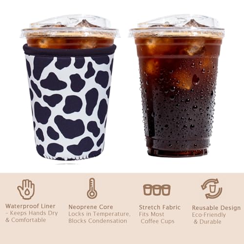 Image of Reusable Insulated Sleeve for Iced Coffee Cup, Coffee Neoprene Sleeve for Cold & Hot Drinks, Beverage Holder for Iced Coffee (Cowprint Chic, Small: 16-18oz)