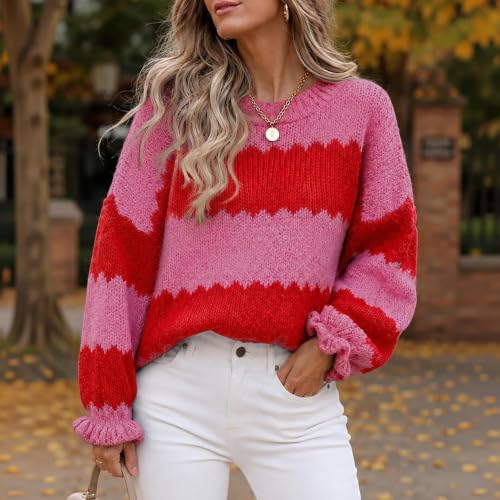 Striped Sweater Women Color Block Ruffle Long Sleeve Sweater Pullover Tops - image 2