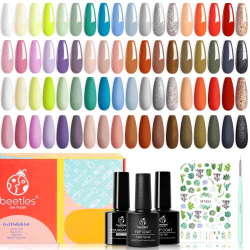 Beetles Vernis Semi Permanent, Lot de Vernis à Ongles Gels 36 Couleurs avec Base Vernis et Top Coat Mat et Brillant, Sèche sous Lampe DIY Manucure avec 1 Autocollant d'ongle 1 Brosses à ongles Pâques Cover