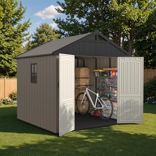 Image of Patiowell 8 x 8 FT Plastic Outdoor Storage Shed with Floor, Resin Shed with Window and Lockable Door for Garden, Backyard, Tool Storage Use, Easy Assemble, Gray (Kick-it Shed)