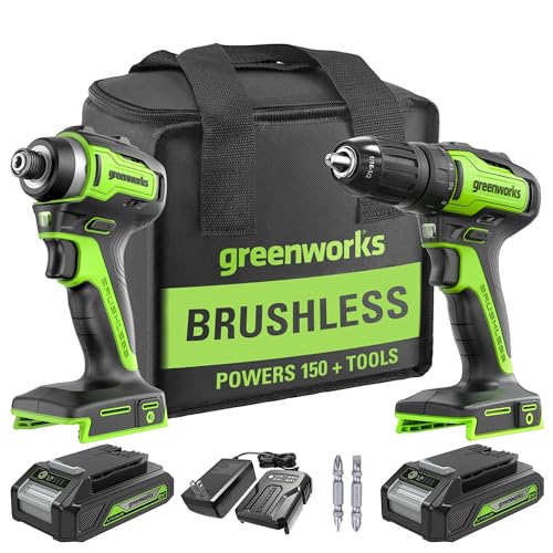 Greenworks 24V Brushless Cordless Drill and Impact Driver,Power Tool Combo Kit Included 1/2”Drill...