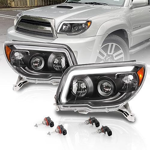 AmeriLite for 2006-2009 Toyota 4Runner LED Tube Bar Projector Black Replacement Headlights Pair - Passenger and Driver Side