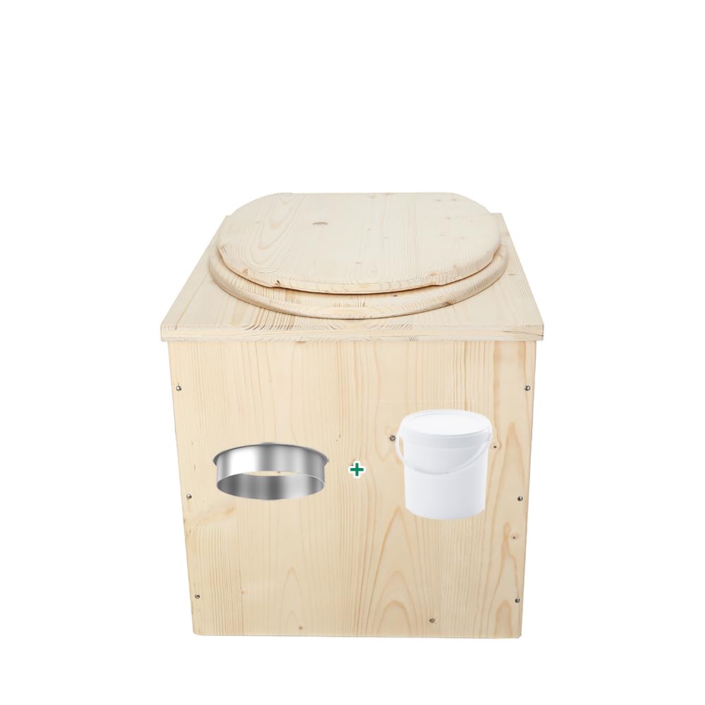 Toilette sèche en Bois avec Seau Plastique Alimentaire 20L et bavette de Protection INOX - Fabrication Artisanale Française - N1