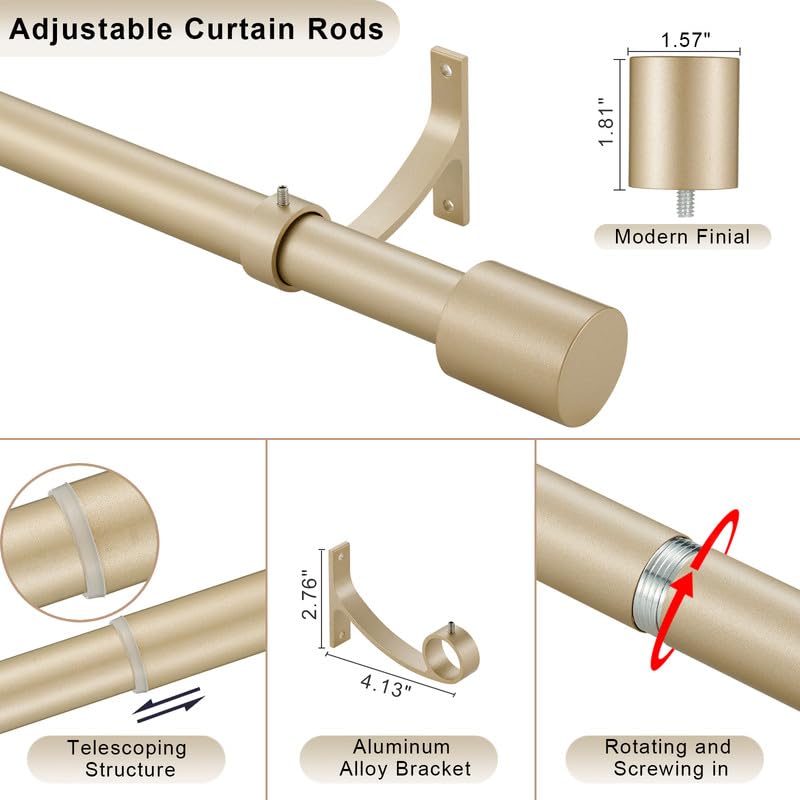Light Gold Curtain Rod, Splicing Curtain Rods for Window 28-150", Decorative Curtain Rods with End Cap Finials, Adjustable Drapery Rod Window Curtain Rod, Heavy Duty 1 Inch Diameter Single Curtain Rod