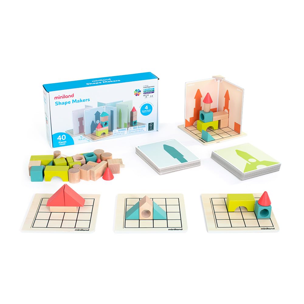 Miniland - Shape Makers | Wooden Construction Game for Kids 6+, Includes Player Boards