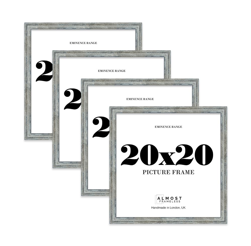 20x20 Distressed Blue Picture Frame - Rustic Wood Industrial Effect Photo Frame for Wall Display, Ideal for Posters, Prints & Home Décor, Wall Hooks, 32mm Edge - 4 Pack
