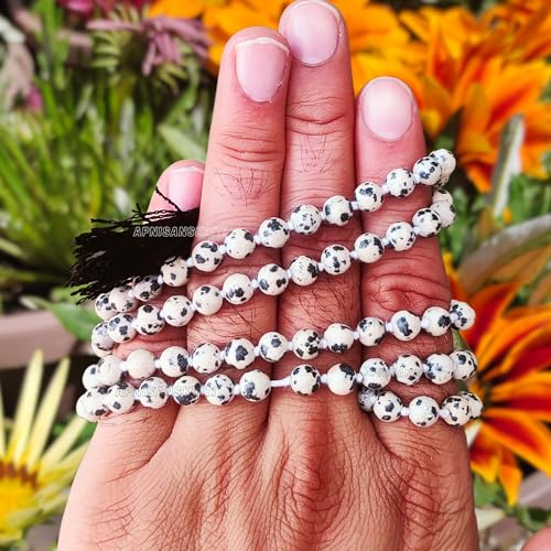 Image of Apnisanskriti Premium Dalmatian Jasper Stone Mala for Men and Women (6mm, AAA Quality, Lab Certified, 108+1) - Natural Stone Beads Mala - White & Black Dots Colour - Pack of 1