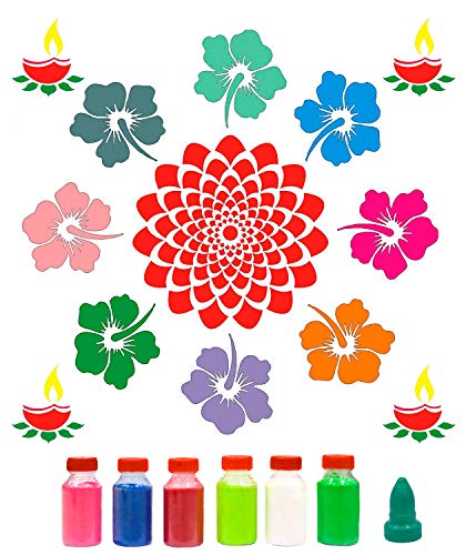 Incredible Gifts India Flower with Diwali Rangoli Stencils for Floor Large Size with Six Rangoli Colors (Wood, 30cmx30cm)