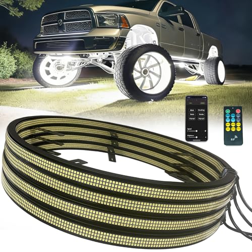 Image of 4PCS 17 inch Ultra-Bright Double Side Triple Row 7840 Pure White Wheel Lights for Truck Car,APP & RF Remote Control Wheel Weel Ring Rim Lighting kit with Strobe Blink Modes,Waterproof IP68,12V