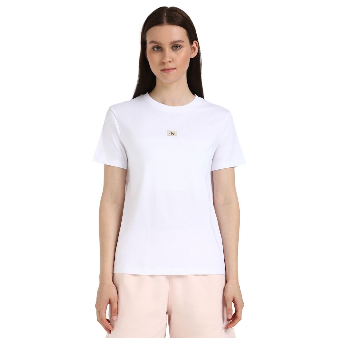 Calvin Klein Women’s Woven Label Regular Fit Jersey T-Shirt, White (Bright White), XXS