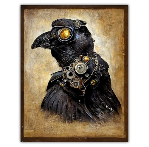 Steampunk Raven 11x14 Unframed Print – Sci-Fi Fantasy-Inspired Decor for Living Room or Study, Office or Creative Space, Library or Den – Vintage Aged Look with Steampunk Aesthetics and Surrealism