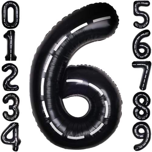Image of Race Car 40 Inch Black 6 Big Large Helium Balloon Number 0-9 | Track Giant Digital 6th Foil Mylar Party Balloons for Men Birthday Car Theme Party Anniversary Graduation Decorations