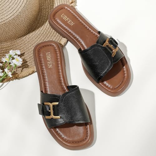 Image of UBFEN Womens Square Toe Flat Sandals Slides Dressy Comfortable for Beach