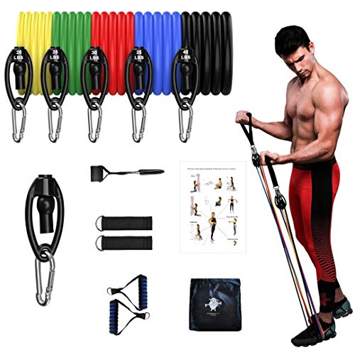 11 PCS Resistance Bands Set Exercise Bands with Door Anchor Handles Carry Bag Legs Ankle Straps for Resistance Training Physical Therapy Home Workouts