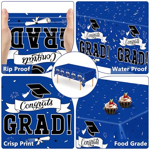 Image of QZYL 2 PCS Graduation Decorations 2026, 108 inch X 54 inch Blue Graduation Tablecloth, Disposable Plastic Class of 2026 Tablecover, Rectangle Congrats Grad Table Cover for Grad Decor Party Supplies for Kids
