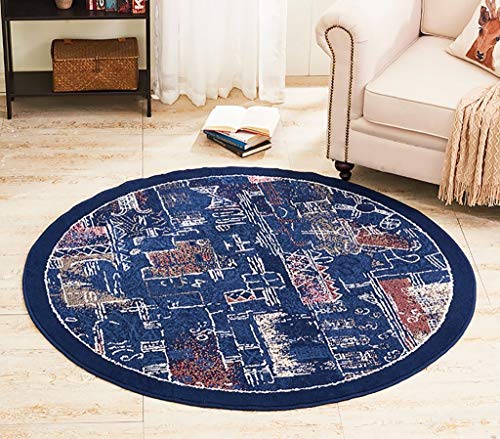 Tapis rond moderne abstrait bleu MU pour salon et chambre