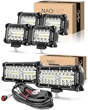 NAOEVO 4 inch LED Pod Lights 4-Pack 7 inch LED Light Bar 2-Pack with Wiring Harness