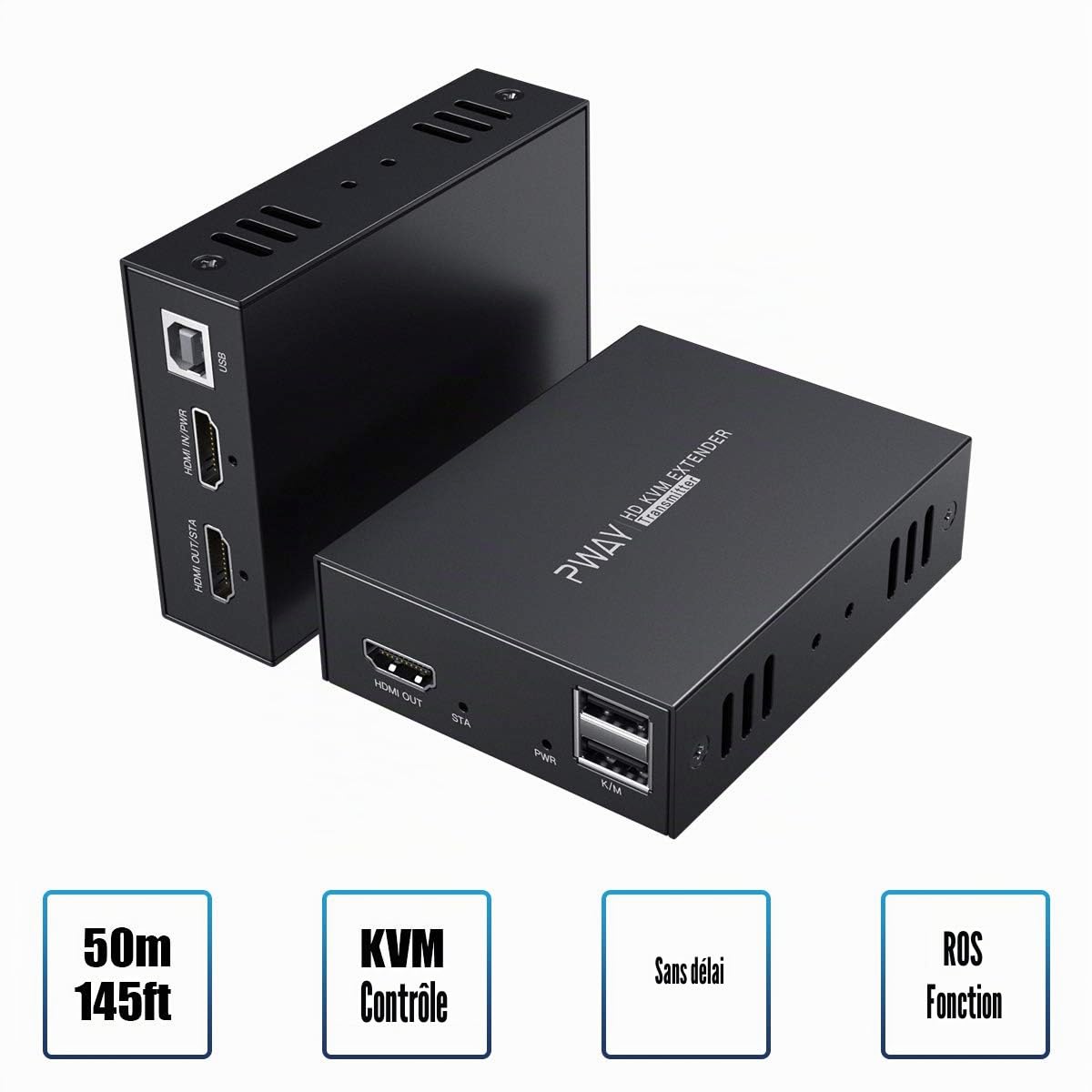 PW-HT225HK-B Rallonge USB HDMI KVM - Transmission sur Cat5e/6/7 simple - HD, 1080p - Fonction Loop Out 3D EDID - 50 m
