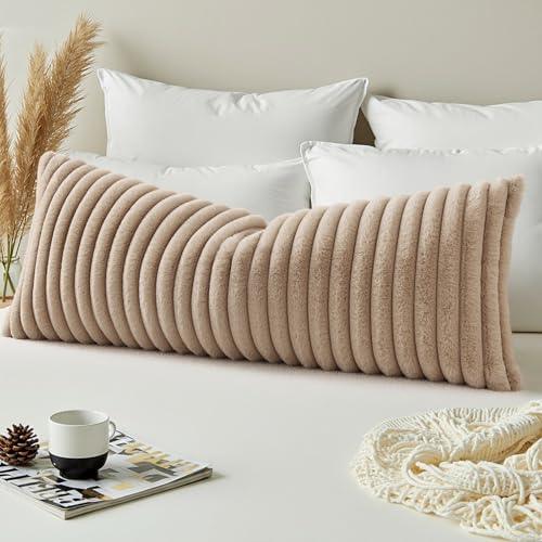 Image of decorUhome Fall Cozy Faux Fur Throw Pillow Covers 14x36 Pack of 1 Decorative Soft Plush Striped Lumbar Modern Farmhouse Boho Couch Pillow Cases with Velvet Back for Sofa Bed Living Room, Khaki Brown