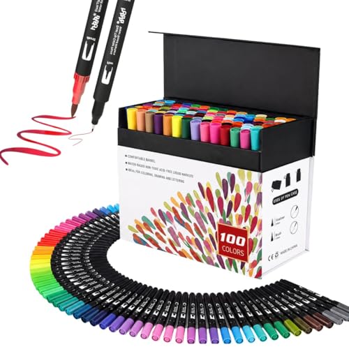 hhhouu 100 Couleurs Aquarelle Stylos Feutres Double Pointe Fine, Feutre Coloriage Adulte avec Enfants, Pour Dessin, Manga, Doodling, Scrapbooking HO-100B