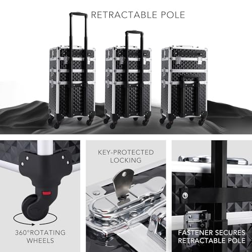 Frenessa 3 In 1 Rolling Makeup Train Case Professional Cosmetic Trolley Large Storage With Keys Swivel Wheels Salon Barber Case Traveling Cart Trunk For Make Up Hairstylists Nail Tech thumb #6