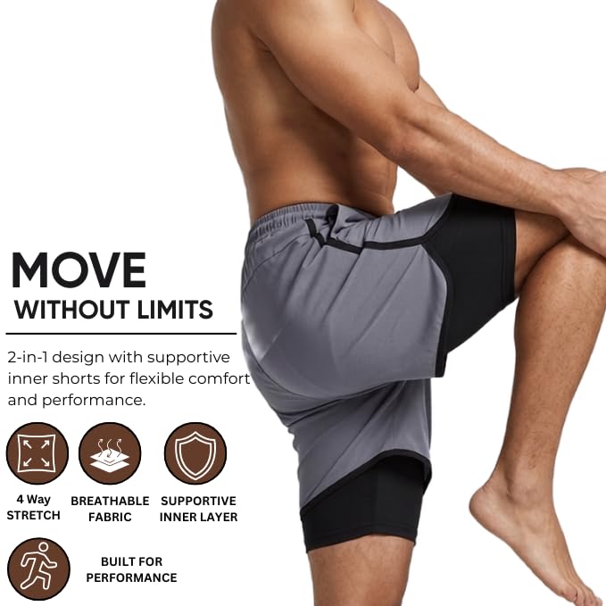 Image of GRECIILOOKS Shorts for Men Running | 2 in 1 Shorts Men with Compression Shorts |Gym Shorts for Man Workout with Phone Pocket | Quick Dry Sports Shorts for Gym Training