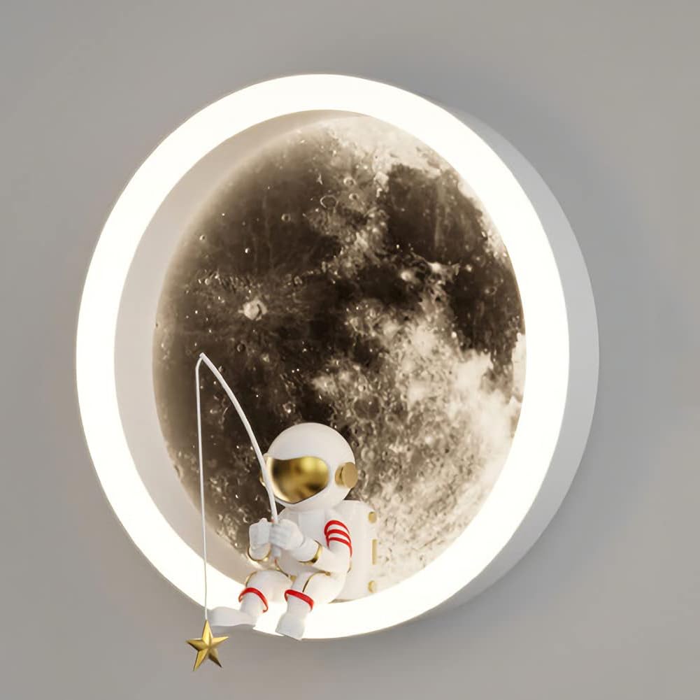 HTsilphelene Wandlampe Kinderzimmer, Indoor Astronaut Dekoration Wandleuchte Kinderzimmer, 3000K 12W Wandlampe Kinder Kreisförmiges Schlafzimmer Licht (A:White)