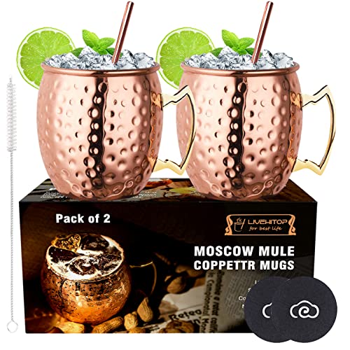 LIVEHITOP Moscow Mule Kupfer Becher Set of 2,19.5 Oz Kupferbecher with Untersetzer and Bier Flaschenöffner for Cocktail, Wein, Kaltes Getränk, Bar, Party, Geschenke