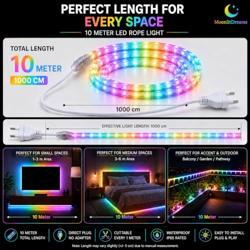 Image of MoonlitDreams 10M LED Rope Light Waterproof Strip Light | Multi Flexible Cove Light for False Ceiling, Balcony, Bedroom, & Indoor Outdoor Decoration | Plug & Play Decorative Light