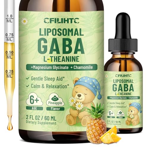 Liposomal GABA L-Theanine Drops for Kids - Liquid GABA Supplement with Magnesium, Chamomile, Lemon Balm & Vitamin B6 - Support Relaxation, Focus & Stress Relief for Kids & Adults - Pineapple Flavor