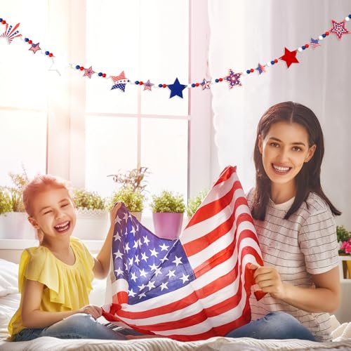 Image of MARFOREVER Patriotic Wooden Bead Garland Independence Day Decorations 4.2 FT