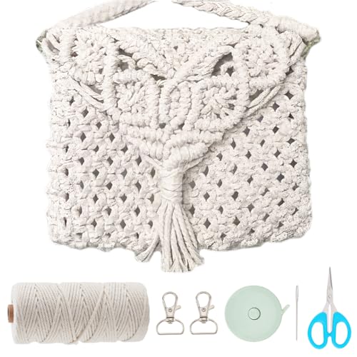 WEBEEDY DIY Macrame Bag Kit Boho Macrame Shoulder Bag Making Kit Crochet Bag Kit with Instruction for Adults Beginners,Handmade Knotting Handbag Macrame Kit for Women Holiday Beach Decor(Beige)