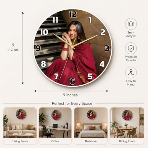 Image of SAVRI Personalized Acrylic Photo Printed Wall Clock - Customized Picture Clock for Couples, Birthday, Anniversary, Wedding & Special Occasions - 9x9 Inch Home Decor Gift
