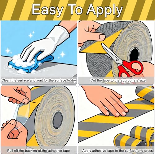 Image of Black & Yellow Anti-Slip Stair Treads Tape, 2 inch x35FT Heavy Duty Non-Skid Grip Tape for Indoor /Outdoor Steps, Bathroom & Pool - PVC Waterproof Safety Traction Tape