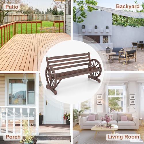 Image of Kinfant 55 inch Outdoor Wooden Wagon Bench with Wheel Armrest and Slatted Backrest for Backyard, Garden, Porch, Patio, Rustic Brown