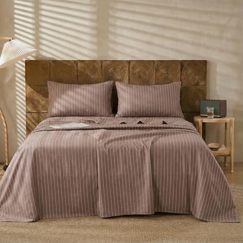 Image of Merryword Brown Pinstripe Sheet Set Queen Size - 100% Cotton Striped Bedding 4 Pieces, Soft Breathable Percale Weave, 17.5 inch Deep Pocket, Luxury Linen Like, All Season Comfort