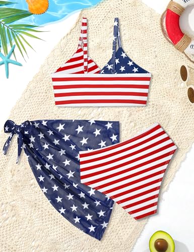Image of Girls Swimsuit, Bathing Suits 3 Piece Tropical Floral Twist Cross Bikini Sets Girls' Swimwear with Cover Up Skirt 7-16T