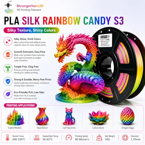 Image of PLA 3D Printer Filament,Candy Silk Rainbow S3,Glossy Multi Color PLA Filament 1.75mm,Net Weight 1kg(2.2lbs) Accuracy + /-0.05mm