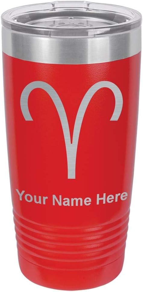 LaserGram 20oz Vacuum Insulated Tumbler Mug, Zodiac Sign Aries, Personalized Engraving Included (Red)