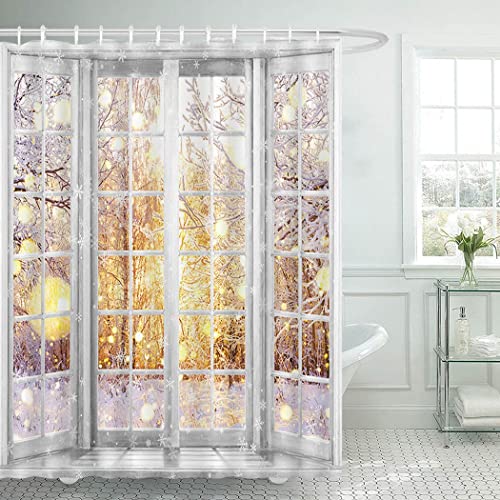 Juirnost Winter Window Shower Curtain Snow Snowflake World Forest Scene Shower Curtain For Bathroom Decor Nature Snowy Scenery Bathroom Curtain With 12 Hooks Bathtub Sets #TOP1