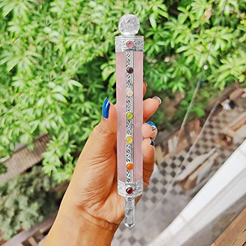 Image of Rose Quartz Seven Chakra Wand with Crystal Ball Stone for Spirituality,Healing,Rose Quartz Wand Embellish with Seven Chakra Stone-Pink
